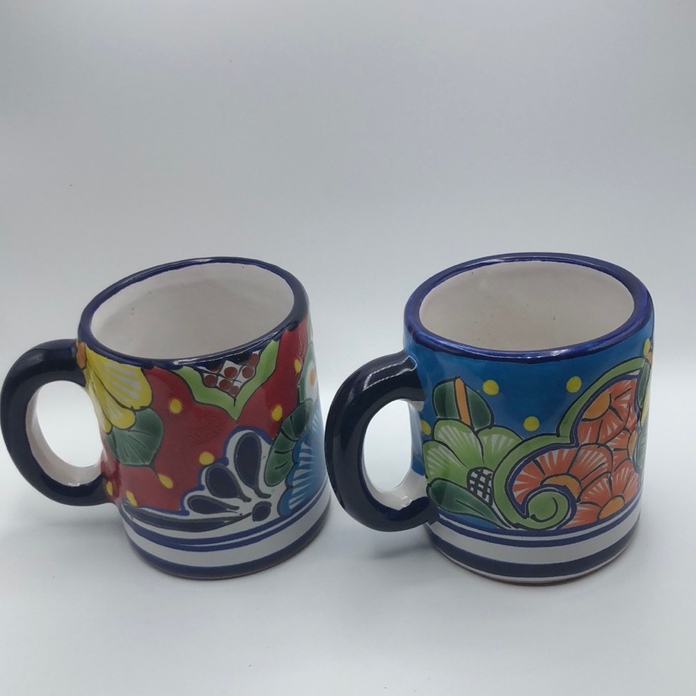 Vintage Talavera mug- Handcrafted Lead Free- Folk art Red Blue and Yellow